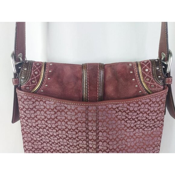 Coach Soho Signature Canvas Suede Shoulder Bag Burgundy Wine Western Country - Picture 7 of 16